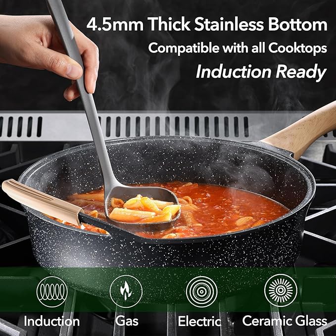 Nonstick Deep Frying Pan with Lid, 5.3 QT Swiss Granite Coating Sauté Pan, 13 Inch Healthy Non Stick Skillet Cooking Pan and Helper Handle with Silicone Cover, PFOA Free, Induction Ready.
