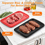Serving Trays for Party - Set of 2, Large Serving Platters for Raw and Cooked Food, Dishwasher Safe, 17×10.5-inch Stackable Plastic Party Supplies for Grilling, BBQ, Meal Prep (Red, Black)