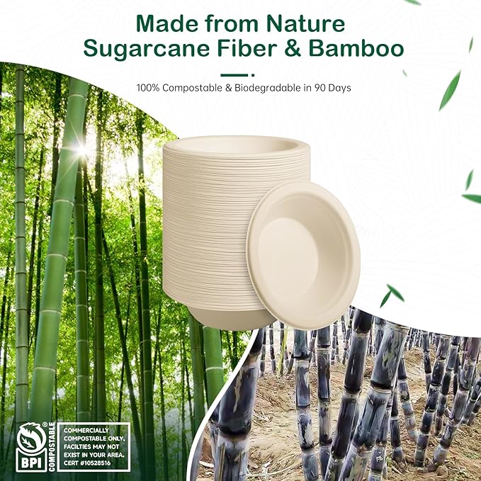 8 oz 128-Pack Compostable Paper Bowls, Small Disposable Dessert & Snack Bowls, Heavy-Duty Bagasse Bowls for Ice Cream, Sauce & Kids Meals, Microwave & Freezer Safe, Eco-Friendly (Natural)