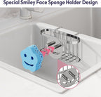 SWTYMIKI Sponge Holder for Kitchen Sink - Movable Sink Caddy with Smiley Face Sponge Holder, Rustproof Hanging Sponge Organizer in Double Bowl Sinks Depth>3.15in, Middle Divider<1.5in, Silver
