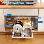 2 Pack Pots and Pans Organizer Under Cabinet, 21.6" Deep Pull Out Pot Lid Organizer Holder with Guardrail Adhesive Pot and Pan Holder Rack with 10 Adjustable Dividers(White)