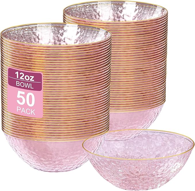 I00000 50 Pack 12 Ounce Pink Plastic Bowls Serving Bowls Hammered Clear Bowl with Gold Rimmed, Heavy Duty Disposable Bowl Set,Small Bowls for Wedding Party