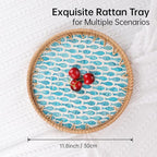 Round Rattan Tray with Mother of Pearl Inlay, Rattan Serving Tray for Coffee, Bread, Fruits, Decorative Wicker Tray for Table Decor, Home Decor, Kitchen Island Decor (Turquoise Fish, 11.8")