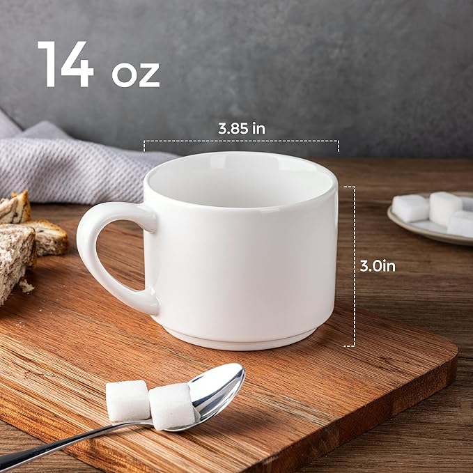 GBhome 14 OZ Coffee Mugs Set of 6, Stackable Ceramic Mugs for Men, Women, Modern Coffee Mugs With Stable Base for Latte,Tea,Cappuccino. Dishwasher & Microwave Safe, White