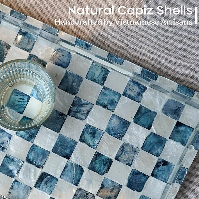 CHI AN HOME 15.8" x 11.8" Decorative Rectangular Tray with Natural Capiz Shells, Checkered Tray with Handles, Serving Tray for Ottoman, Coffee Table, Kitchen Counter Home Decor (Navy Blue)