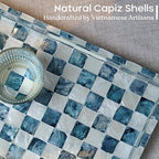 CHI AN HOME 15.8" x 11.8" Decorative Rectangular Tray with Natural Capiz Shells, Checkered Tray with Handles, Serving Tray for Ottoman, Coffee Table, Kitchen Counter Home Decor (Navy Blue)
