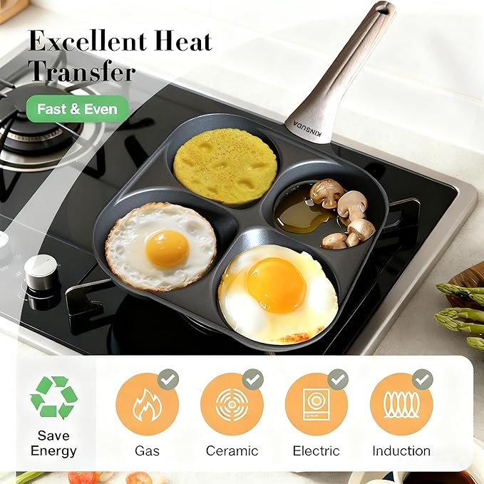 4-Cup 4-Hole Divided Titanium Nonstick Egg Pan, Induction Compatible 4-in-1 Breakfast Skillet for Pancakes, Burger Patties, Omelettes, PFOA-Free, Fast Heating, Dishwasher Safe