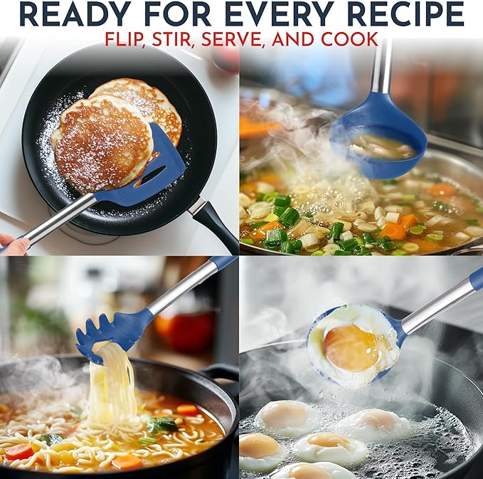 Silicone Kitchen Utensils Set 24 Pieces 450 °F Heat Resistant - Blue Cooking Utensils-Set for Nonstick Cookware - Silicone Spatulas Set, Stainless Steel Handle & Other Kitchen accessories