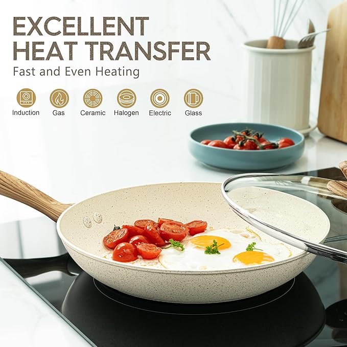 MICHELANGELO Frying Pan with Lid, 10 Inch Frying Pan with Nonstick Granite Coatings, Nonstick Frying Pans, Healthy & Non-Toxic Skillet, Granite Frying Pans 10 Inch, Induction Compatible