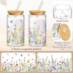 Mumufy 2 Pack Bridesmaid Gift Glass Cups, Cute Flower Mason Jars with Bamboo Lids & Straws, 16oz Iced Coffee Tumblers for Wedding, Bridal Party, Birthday, Mother's Day(Wild Flower1)