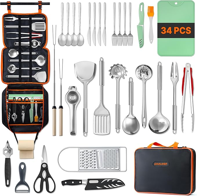 Portable Camping Cooking Utensils Set, Camp Kitchen Set with Organizer Bag, RV Essentials Outdoor Cooking Utensil Kit for Travel, Picnics, Camping, BBQs, Parties