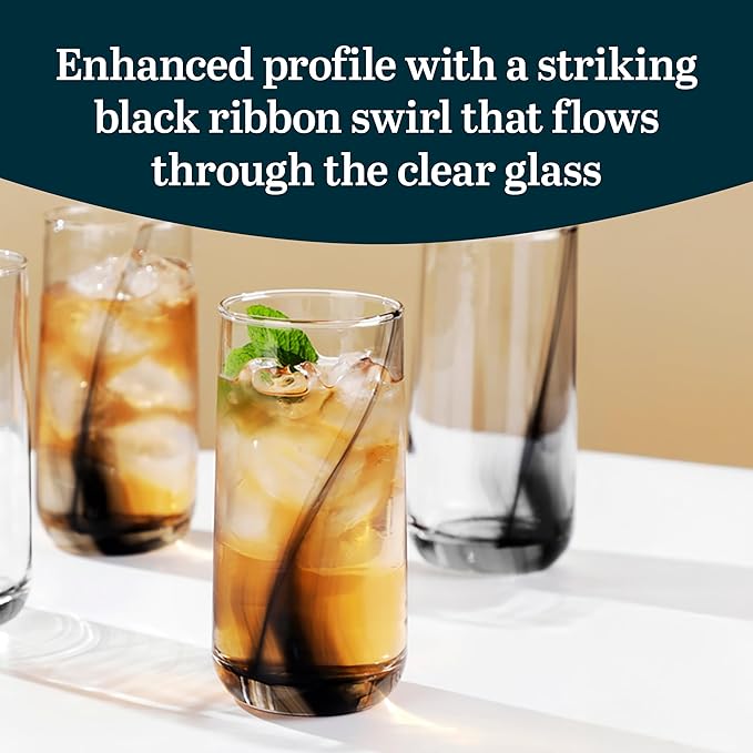 Libbey Black Ribbon Drinking Glasses Set of 8, 16 Oz Sleek Ribbon Accent Drinking Glass Cups, Durable Water Glasses Set for Soft Drinks, Iced Tea