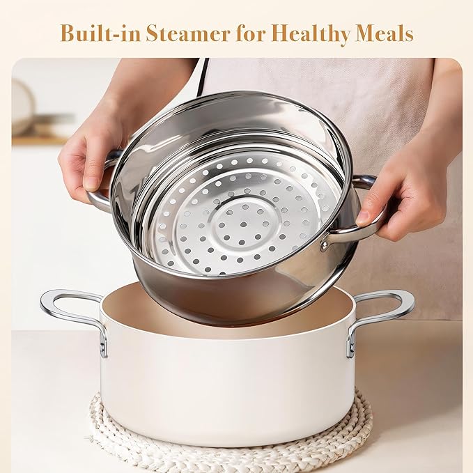 PekGema Ceramic Pots and Pans Set, 16 Pcs Cookware Set Non Toxic, Nonstick Kitchen Cookware, Oven Safe Cooking Pan Set, PFAS PTFE PFOA FREE,Compatible with All Cooktops, comfortable handle.Cream White
