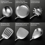 Stainless Steel Kitchen Utensils Set with Wood Handle, 18/10 Metal Cooking Utensils Set, 10 Piece - Spatula, Spoon, Ladle, Skimmer, Slotted Turners, Pasta,Turner, Ladl, Fork