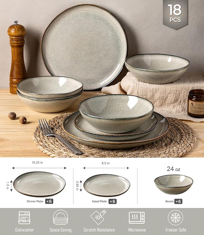 GBHOME Stoneware Dinnerware Sets for 6, 18 Pieces Rustic Ceramic Plates and Bowls Set, Handmade Reactive Glaze Plate Sets, Highly Chip Resistant Dishes, Microwave & Dishwasher Safe, Green Wheat