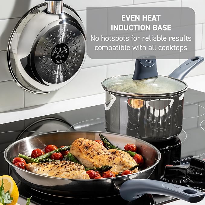 T-fal Essentials Stainless Steel Saute Pan with Lid 3.5 Quart, Induction Compatible, Oven Safe 350F, Perfect For Sautéing, Browning, & Simmering, Saucepan, Measuring Marks, Dishwasher Safe Silver/Blue