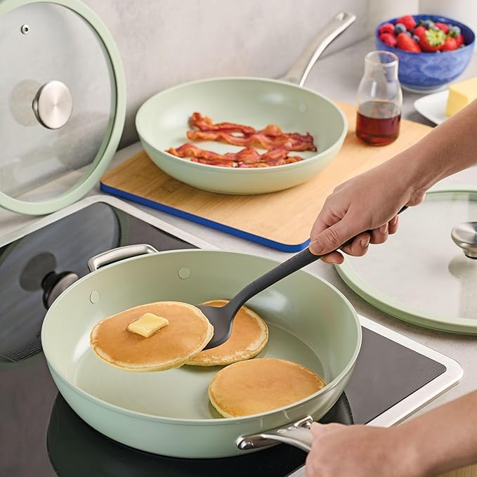 Circulon Halo with LaserDefense Ceramic Nonstick 10 Inch and 12 Inch Frying Pans with Lids, Made without PFAS, Compatible with All Stovetops, Dishwasher and Oven Safe, 4 Piece Cookware Set - Sage