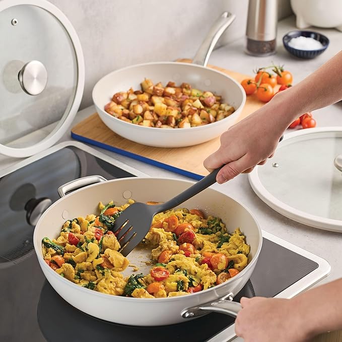 Circulon Halo with LaserDefense Ceramic Nonstick 10 Inch and 12 Inch Frying Pans with Lids, Made without PFAS, Compatible with All Stovetops,Dishwasher and Oven Safe,4 Piece Cookware Set - Pearl White