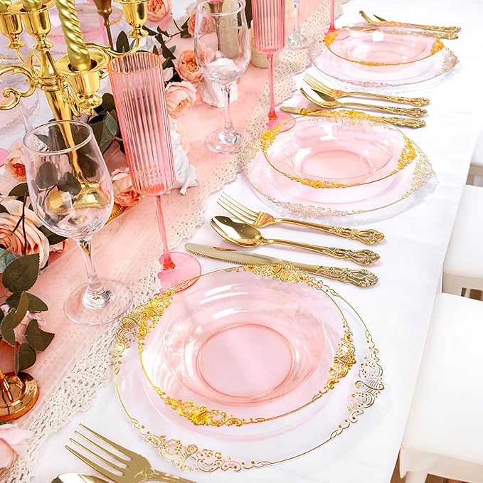 100PCS Clear Pink Plastic Bowls - 12 oz Pink Gold Disposable Salad Bowls - Heavy Duty Disposable Soup Bowl - Fancy Plastic Ice Cream Bowl for Weddings Parties Dinners Picnics Mother’s Day
