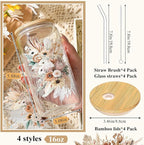 Mumufy 4 Pack Bridesmaid Gift Glass Cups, Cute Flower Mason Jars with Bamboo Lids & Straws, 16oz Iced Coffee Tumblers for Wedding, Bridal Party, Birthday, Mother's Day(Brown Spring)