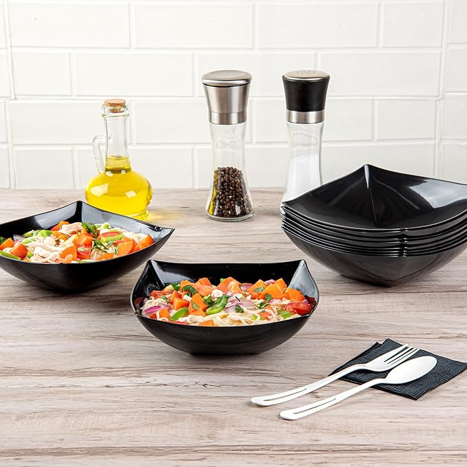 Restaurantware Moderna 32 Ounce Fancy Plastic Bowls 10 Square Disposable Salad Bowls - Durable Heavy-duty Black Plastic Bowls For Warm And Cold Foods (Pack of 3)