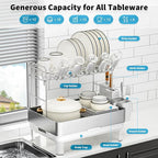 Ewaiira Dish Drying Rack, 2 Tier Large Dish Rack, Stainless Steel Dish Drainer for Kitchen Counter, Dishes Rack with Automatic Drainage, Utensil Holder&Cups Holder,Space Saving Kitchen Organizer,White