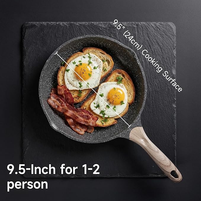 JEETEE 9.5 inch Nonstick Frying Pan Granite Stone Coating Cookware, Nonstick Omelette Skillet with Soft Touch Handle, Compatible with All Stoves (Grey)