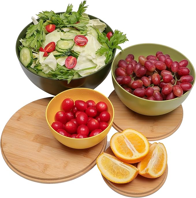 ECOWAY Salad Bowl Set of 3 with Bamboo Lids, Mixing Bowl Set, Nesting Bowls for Space Saving Storage, Made with Durable Eco-Friendly Bamboo Fiber, Great for Prepping and Serving Food (3 Colors)