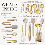 Styled Settings 23-Piece Beige and Gold Utensils Set – Silicone Nonstick Cooking Tools with Garlic Press, Can Opener, Measuring Cups, Utensil Holder – Luxury Kitchen Accessories for Modern Homes