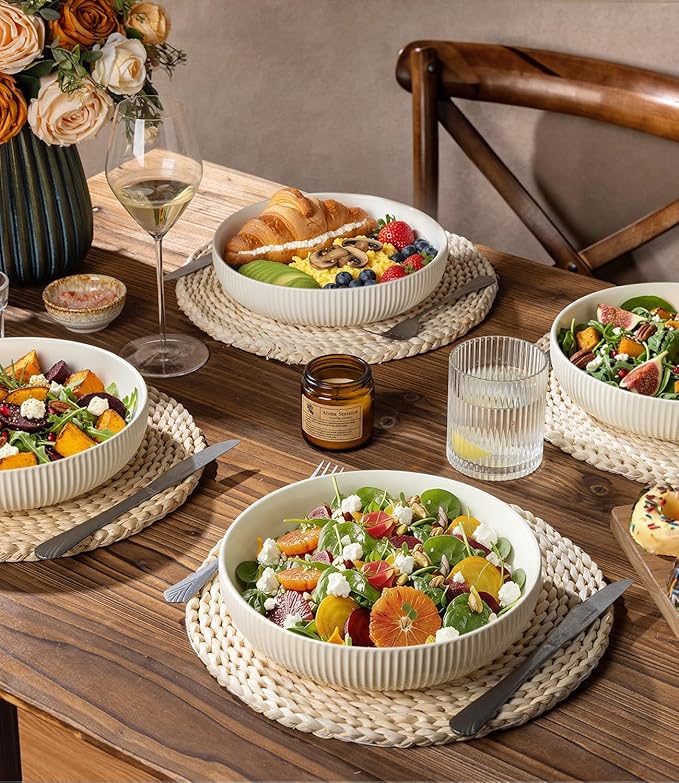 theterra 8.5'' Ceramic Pasta Bowls, Salad Bowls Set of 4, Stoneware Serving Bowls for Fruits, Noodle, Dinner, House-warming Wedding Present, Beige