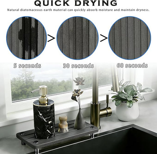 2PCS Instant Dry Sink Caddy for Bathroom Counter, Durable Kitchen Sink Organizer, Diatomite Stone Drying Tray, Upgrade Water Absorbing Stone Tray for Sink, Anti-Slip Stone Soap Tray -Dark Gray