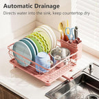 AIDERLY Iron Dish Drying Rack Auto Drain Dish Drainers Kitchen Counter Strainer with Draining Tray, Pink