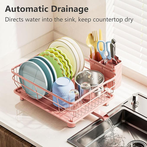 AIDERLY Iron Dish Drying Rack Auto Drain Dish Drainers Kitchen Counter Strainer with Draining Tray, Pink