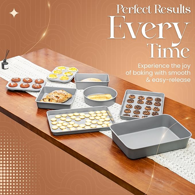 8 Piece Nonstick Stackable Bakeware Set - 8 Piece Nonstick Bakeware Set - Easy Storage, 450°F Oven Safe, Durable Design, Muffin, Loaf, Baking Sheets, Round & Square Pan, Roaster; BPA-Free (Gray)