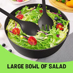 ECOWAY Bamboo Fiber Salad Bowl with Lid & Servers, 4Qt, Melamine Salad Serving Bowls Set with Bamboo Lid, Salad Mixing Bowl with Spoon Fork for Fruits Vegetables and Pasta (Black, 9.8inch)
