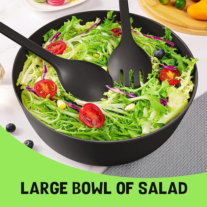 ECOWAY Bamboo Fiber Salad Bowl Set,Large Mixing Bowl with Natural Bamboo Lid and Utensils,4 Serving Bowls,Spoon,Fork and Fabric Bag for Salad,Soup,Vegetables,Pasta and Fruits(Black,9.8inches)
