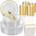 Rubtlamp 350 Pcs Clear Gold Plastic Plates, Hammered Disposable Dinnerware, Clear-Gold Plates Set Include 100 Plastic Platos, 150 Gold Disposable Silverware, 50 Cups And 50 Napkins for Party