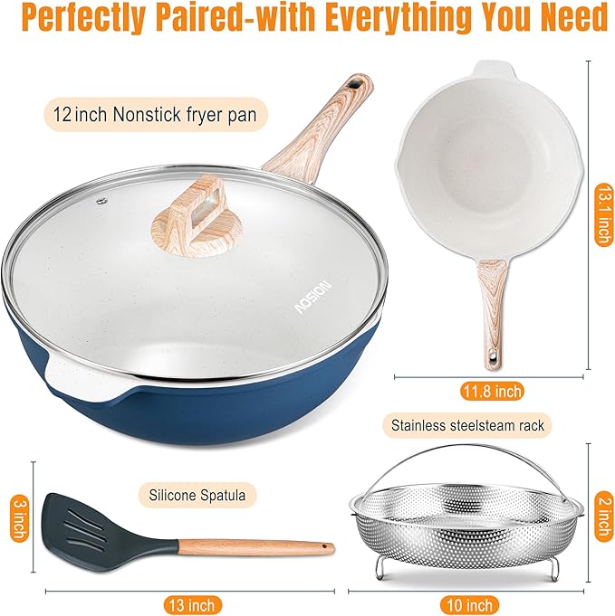 AOSION 12 Inch Nonstick Ceramic Deep Frying Pan Skille with Lid,5.5QT Sauté Pan for Cooking with Steam Rack,Healthy Large Skillet,Stay Cool Handle, Induction Compatible, PFOA & PFAS Free. (BLUE)
