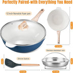 AOSION 12 Inch Nonstick Ceramic Deep Frying Pan Skille with Lid,5.5QT Sauté Pan for Cooking with Steam Rack,Healthy Large Skillet,Stay Cool Handle, Induction Compatible, PFOA & PFAS Free. (BLUE)