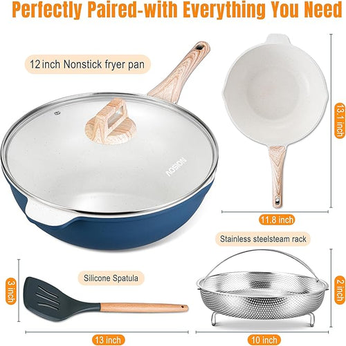 AOSION 12 Inch Nonstick Ceramic Deep Frying Pan Skille with Lid,5.5QT Sauté Pan for Cooking with Steam Rack,Healthy Large Skillet,Stay Cool Handle, Induction Compatible, PFOA & PFAS Free. (BLUE)
