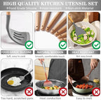 Silicone Cooking Utensils Set, 43Pcs Non-Stick Heat Resistant Kitchen Utensils Spatula Set with Wooden Handle for Baking, Cooking, and Mixing, Best Kitchen Gadgets Tools with Holder (Grey)