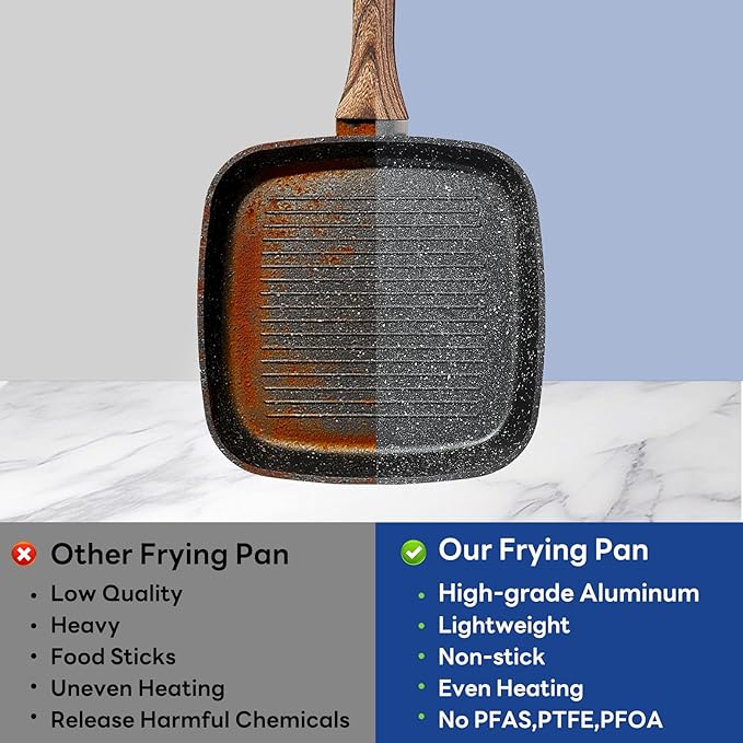 Sweetcrispy Nonstick Grill Pans Set, 3 Piece Square Frying Pan Skillet Set with Stay Cool Handle & PFOA Free, Compatible with All Stovetops (9.5" 10" 11") Black