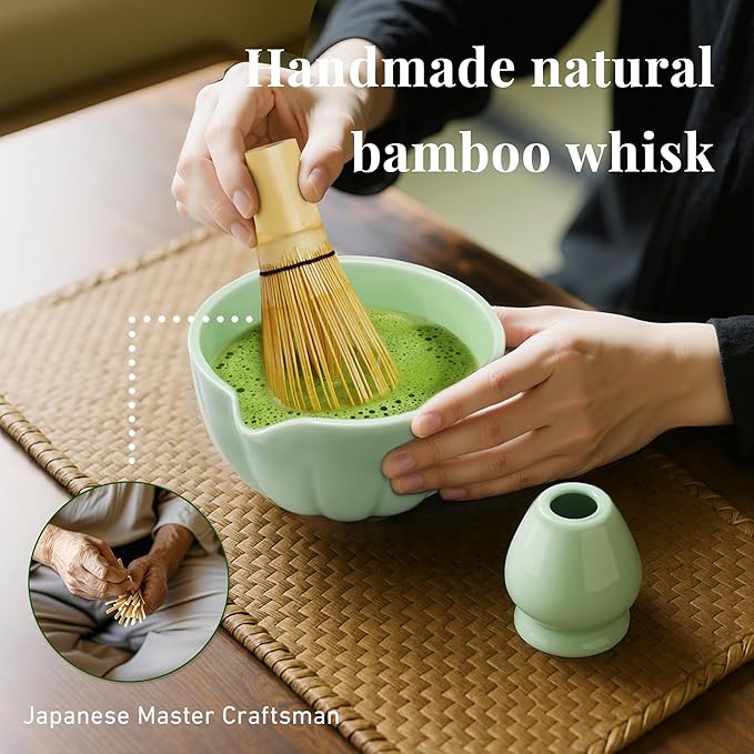 Matcha Whisk Set,7 PCS Ceramic Matcha Kit Includes Matcha Bowl with Spout, Matcha Whisk and Holder, Bamboo Scoop, Stainless Sifter, Tea Towel, Unique Gift for Matcha Lovers (Green)
