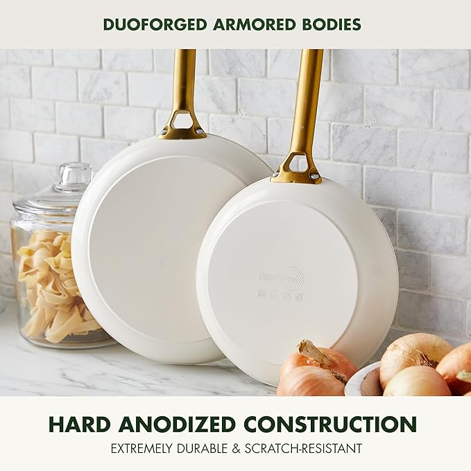 GreenPan Hard Anodized Healthy Ceramic Nonstick 8" 10" & 12" 3 Piece Frying Pan Skillet Set, Gold Handle, PFAS-Free, Dishwasher Safe, Oven Safe, Cream White