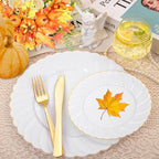 YOUBET 125PCS White Plastic Plates with Gold Rim, Gold Plates Disposable with Golden Silverware Include 25 Dinner Plate 25 Dessert Plate 25 Forks 25 Knives 25 Spoons For Wedding, Parties