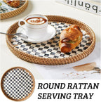 Round Rattan Tray with Mother of Pearl Inlay, Decorative Wicker Serving Tray with Wooden Base, Woven Basket Trays for Bread Fruits Coffee, Checkered