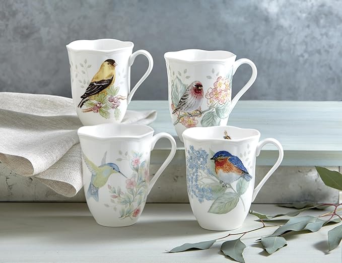 Lenox Coffee Mug Set, Butterfly Meadow Flutter 4-Piece Mugs, Service For 4, 12 Ounce Mug, Chip Resistant White Porcelain, Microwave And Dishwasher Safe, Ceramic Mugs, Coffee Cups (Assorted, 4 Piece)