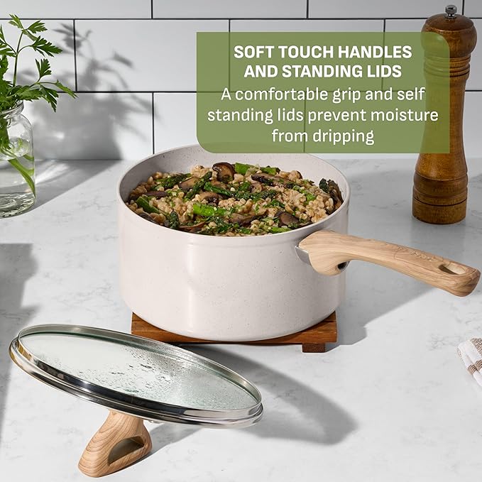 T-fal Revive Ceramic Nonstick Sauce Pan with Lid, 3 Qt Small Cooking Pot, Oven Safe Up To 350°F Saucepan Cookware, Kitchen Pots and Pans, Beige Granite