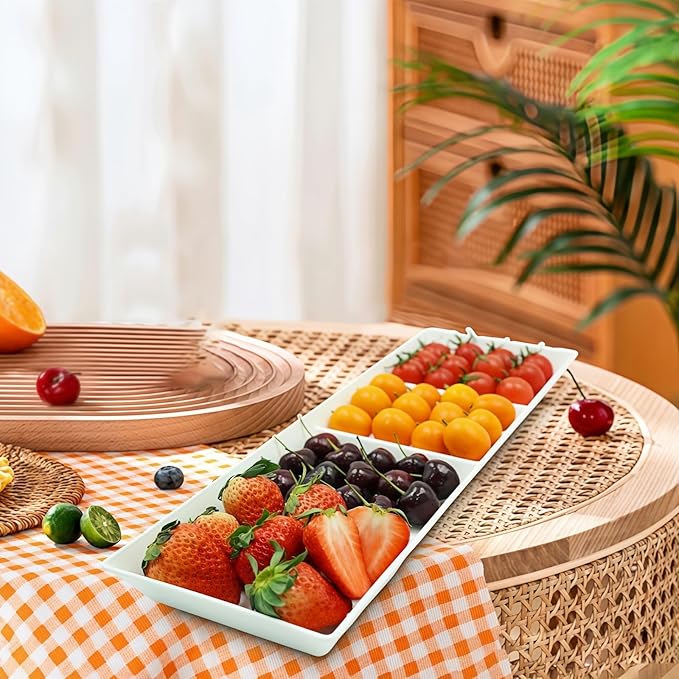 Divided Serving Tray Platter, 3 Pack 17.6" x 6" Fruit Veggie Food Tray for Party, Plastic Serving Trays for Appetizer, Snack, Dessert, Cookie, Brunch Decorations Platters, White Trays BPA-Free