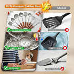9PCS 18/8 Stainless Steel Kitchen Utensils, Stainless Steel Cooking Utensils with Wooden Handle, Metal Cooking Utensils Set, Spatula, Ladle, Skimmer, Spaghetti Spoon, Potato Masher, Easy To Clean